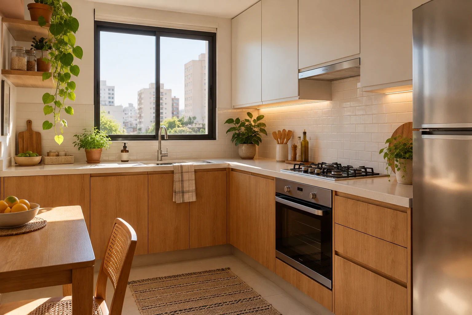 Cozinha compacta sob medida com madeira clara, armários claros e luz natural