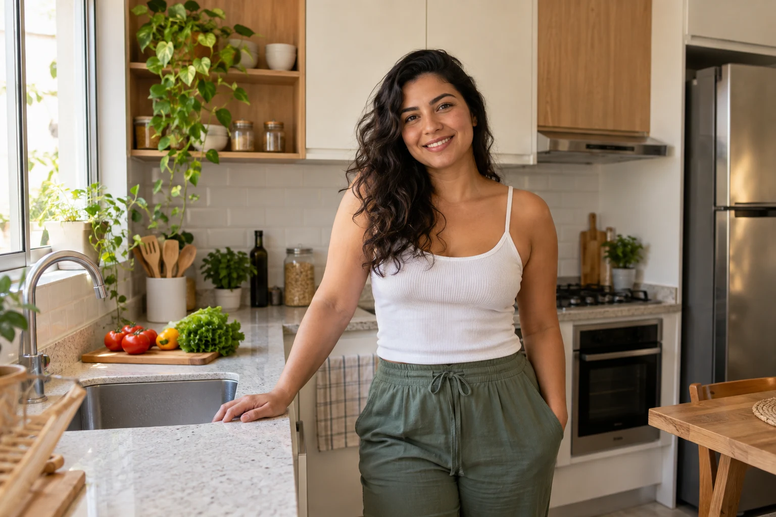 Mulher em uma cozinha acolhedora e organizada, em cena ilustrativa